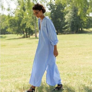 MAMÈNE Phoebe Dress Shirt Sky Blue Stripe Pockets NWT